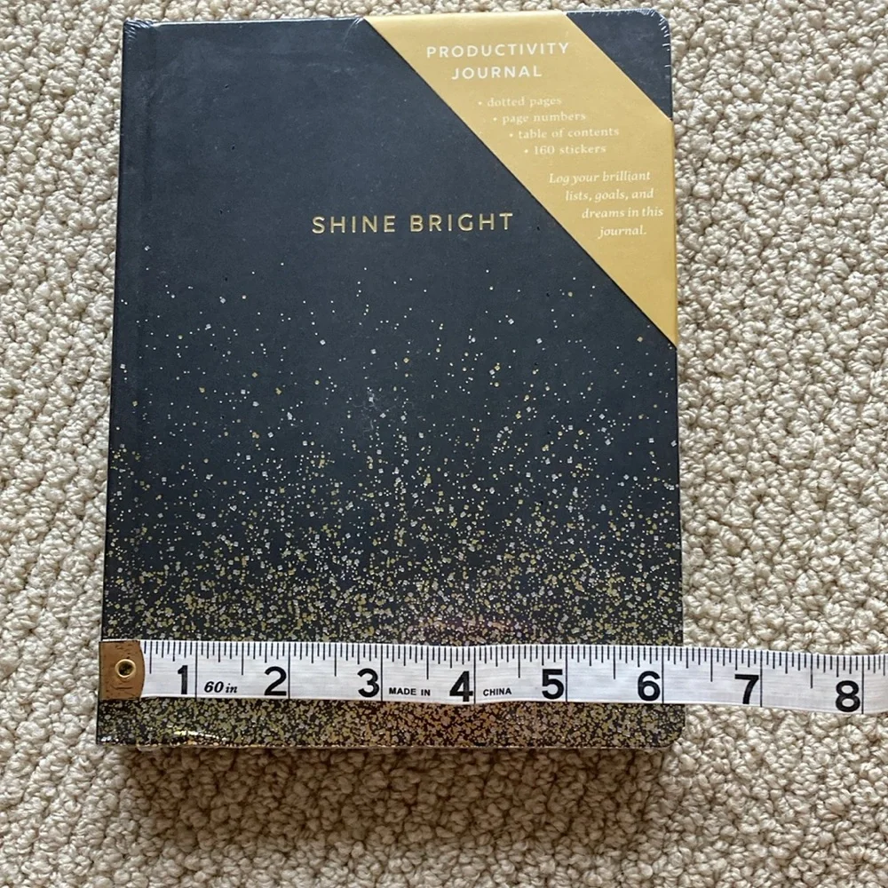 NEW Shine Bright Productivity Journal Black Gold Dotted Sparkles 8.25” x 6.25”